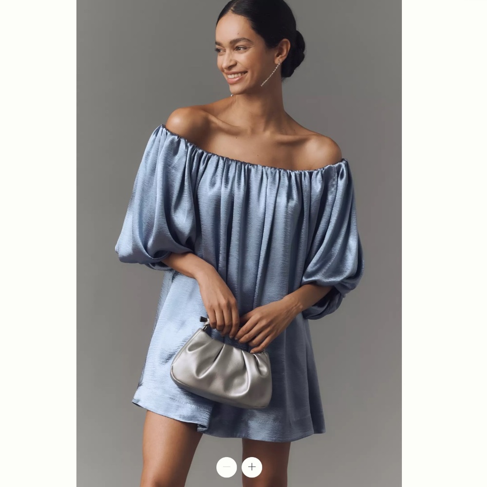 Off-Shoulder Puff-Sleeve Mini Dress in Dusty Blue